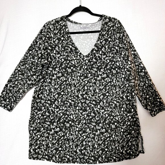 Roamans Womens Tunic Top Sz 18/20 V-Neck 3/4 Sleeve Black & White Cotton - Picture 1 of 11